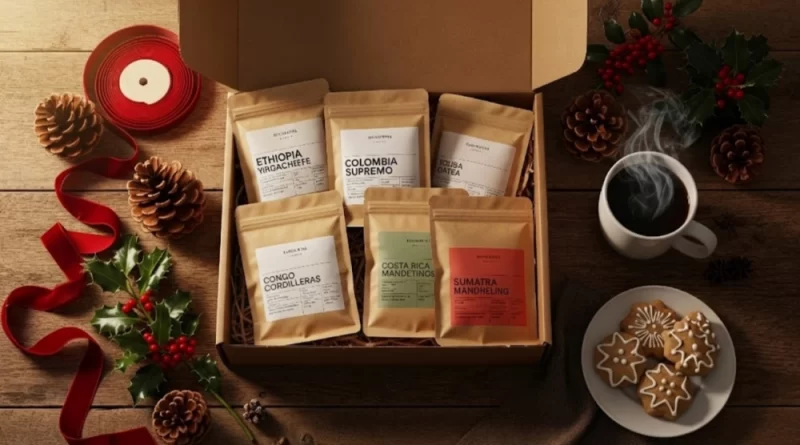 Best coffee subscription gift box with holiday decorations and fresh coffee beans - coffeebeantree.com